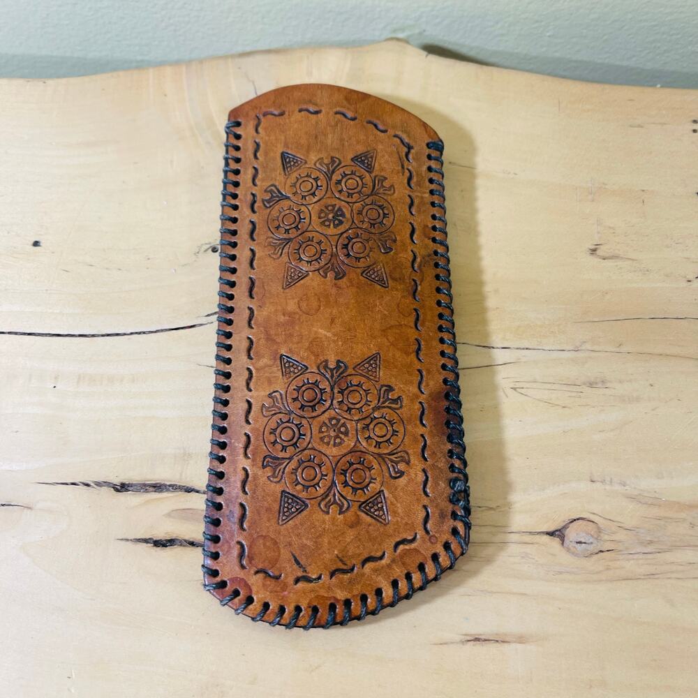Vintage Tooled Handmade Leather Eye Glasses Case Spectacles Retro Pouch